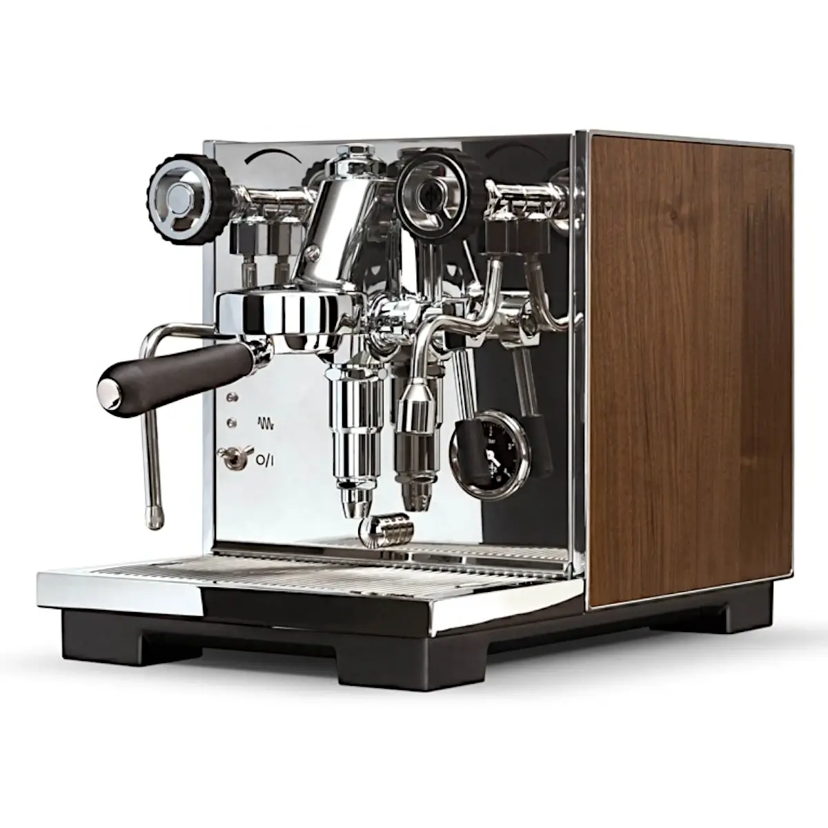 Side view of the Eureka Costanza R domestic espresso machine with wood walnut side panel