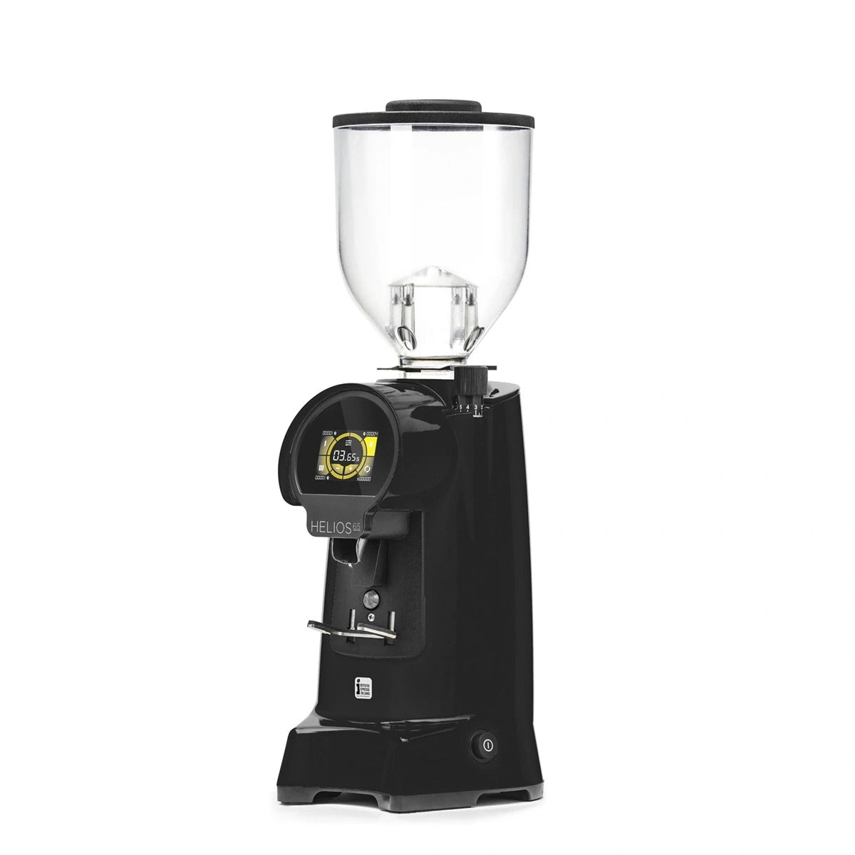 Angled view of the Eureka Helios 65 & 75 On-Demand Black Coffee Grinder
