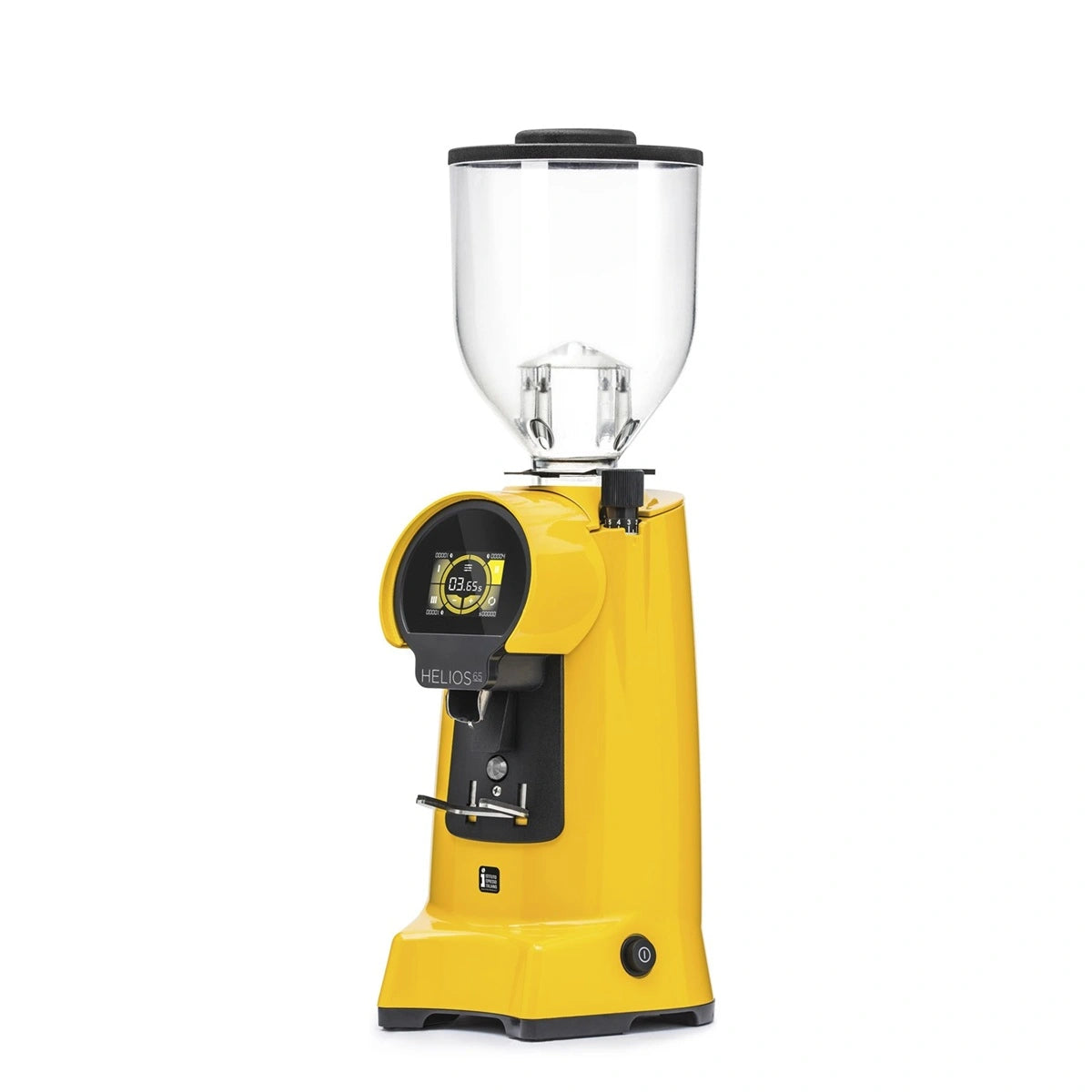 Angled view of the Eureka Helios 65 & 75 On-Demand Yellow Coffee Grinder