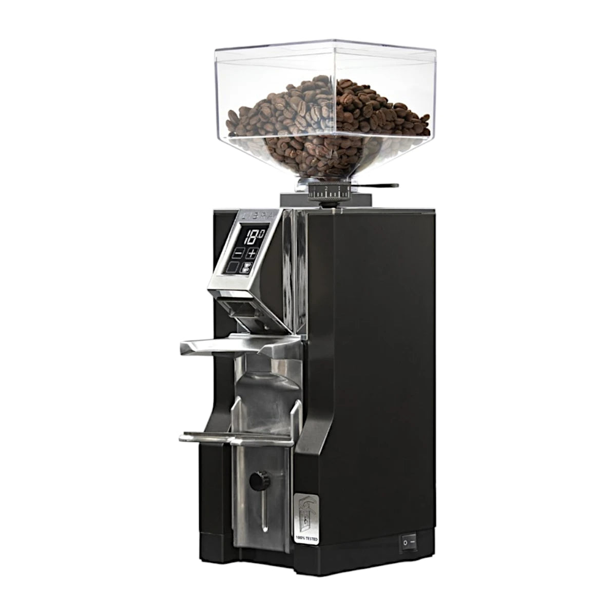 Side view of the Eureka Mignon Libra grind-by-weight espresso grinder in black finish with digital display