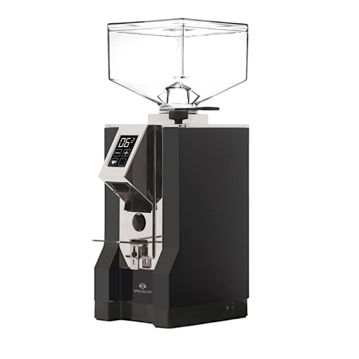 Side view of the Eureka Mignon Specialita on-demand espresso grinder in black with digital display and coffee bean hopper