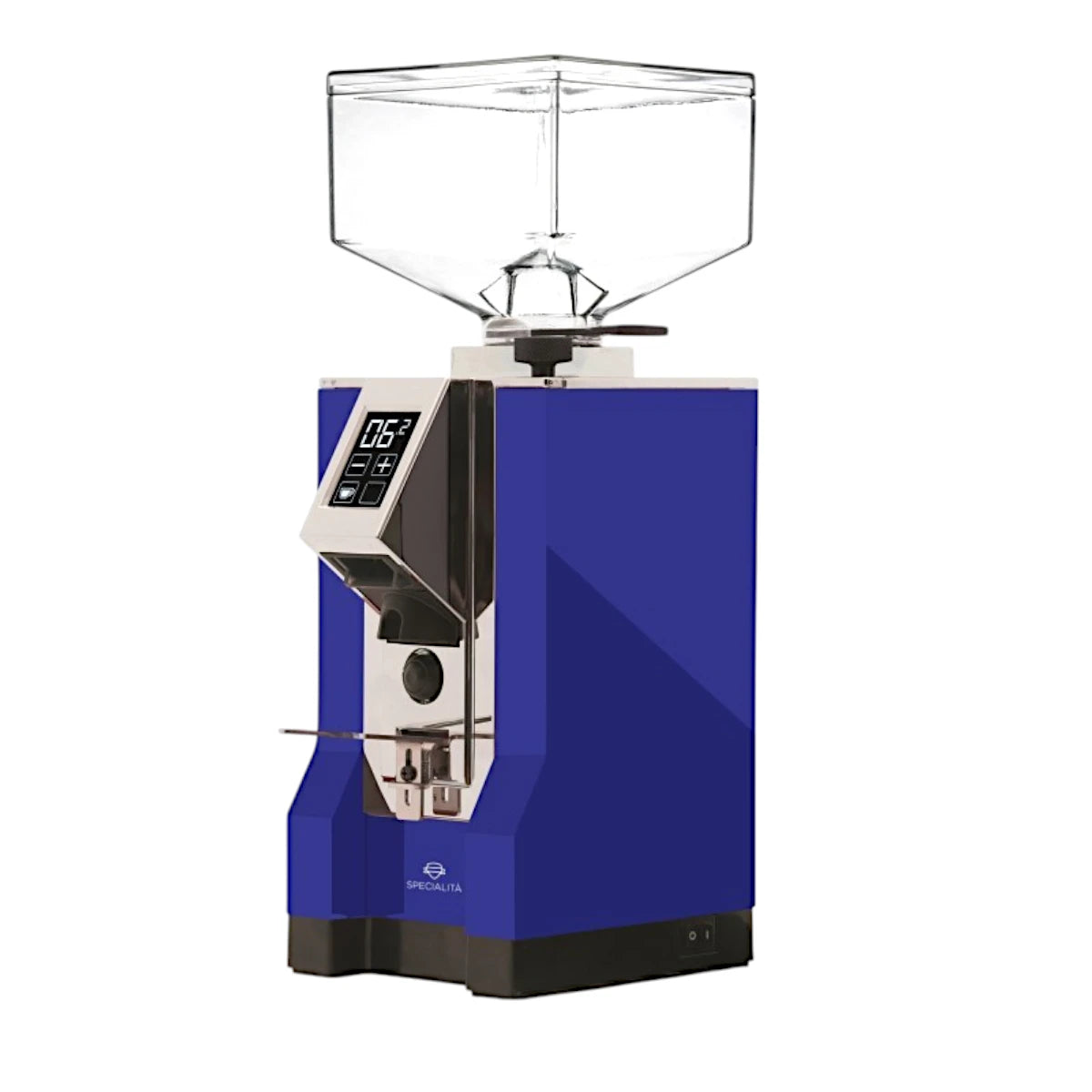 Side view of the Eureka Mignon Specialita on-demand espresso grinder in blue with digital display and coffee bean hopper