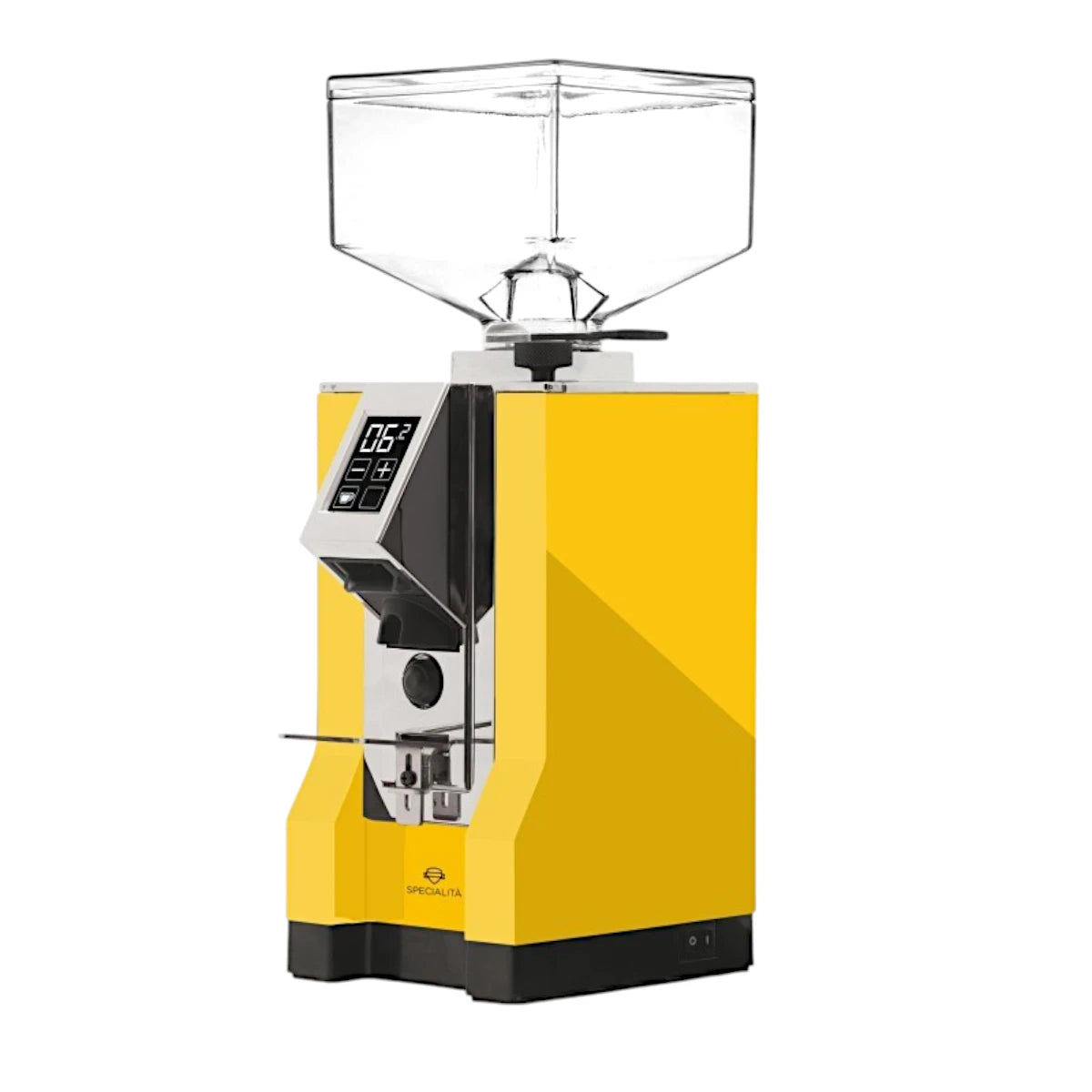 Side view of the Eureka Mignon Specialita on-demand espresso grinder in yellow with digital display and coffee bean hopper