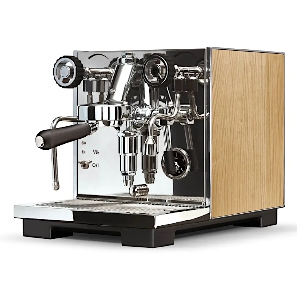 Eureka Pura R domestic espresso machine with light wood side panel and chrome front, angled side view