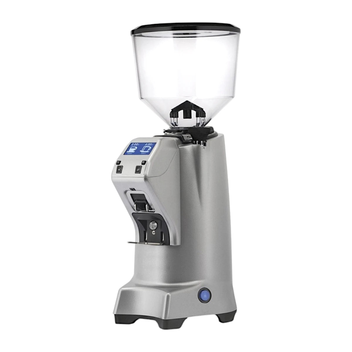 Side view of the Eureka Zenith 65mm Neo on-demand silver coffee grinder with flat burrs and digital display
