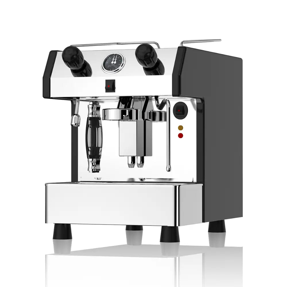 Fracino Bambino 1-group semi-automatic espresso machine featuring a manual rocker switch and black side panels.