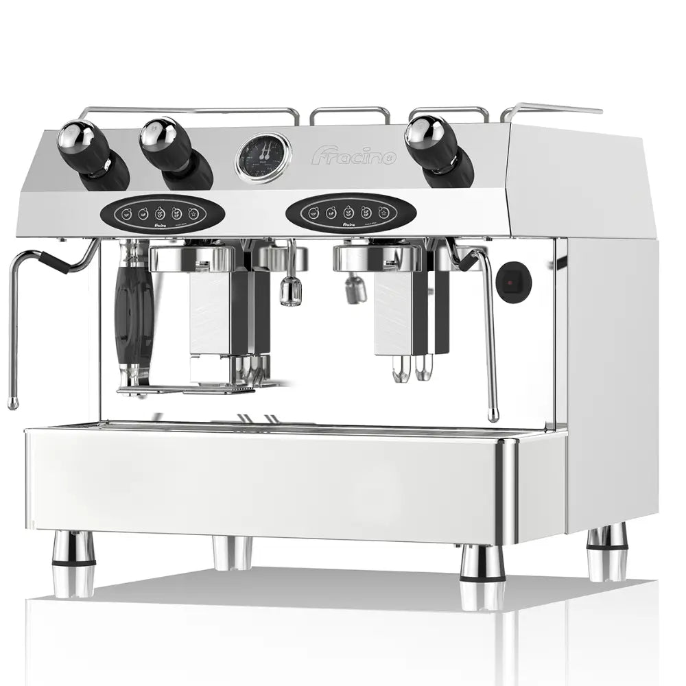 Fracino Contempo 2-group electronic espresso machine with programmable volumetric keypads and stainless steel finish.