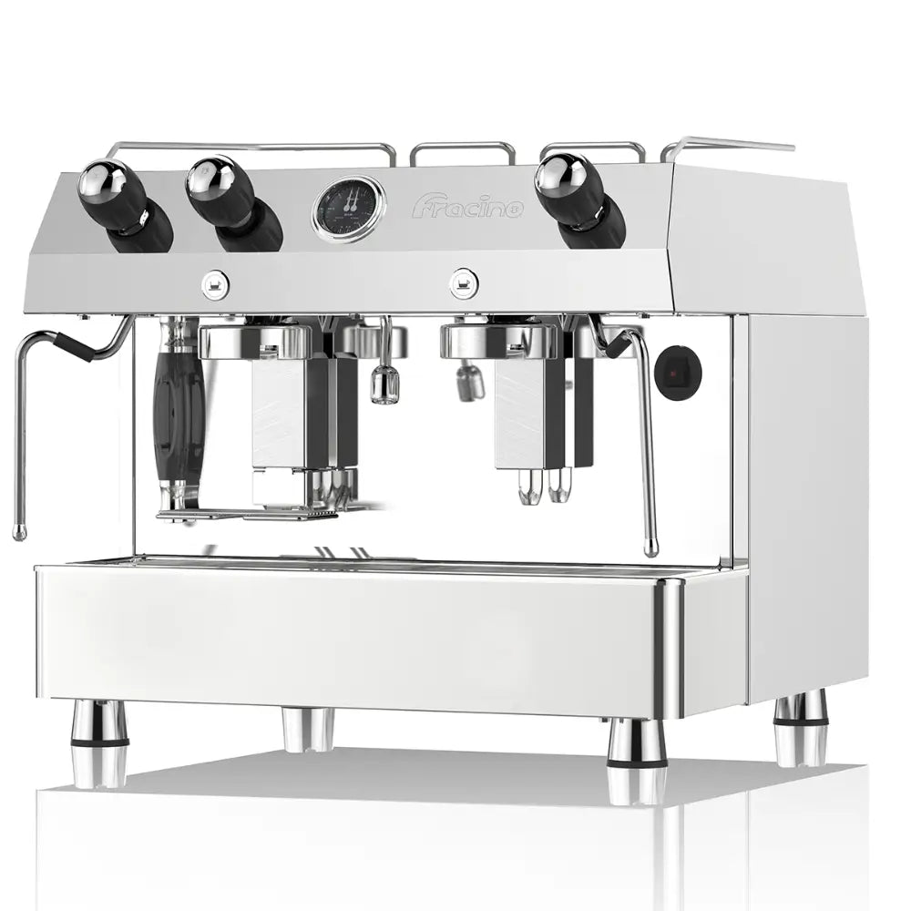 Fracino Contempo 2-group semi-automatic espresso machine featuring manual rocker switches for extraction control.