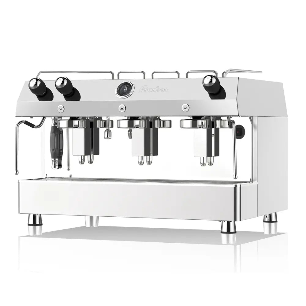 Fracino Contempo 3-group semi-automatic espresso machine featuring manual rocker switches for extraction control.