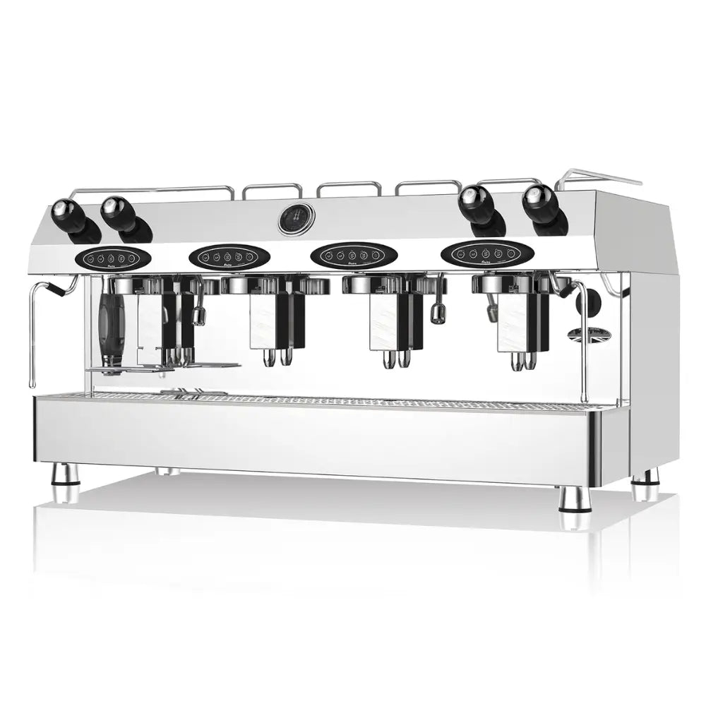 Fracino Contempo 4-group electronic espresso machine with programmable volumetric keypads and stainless steel finish.