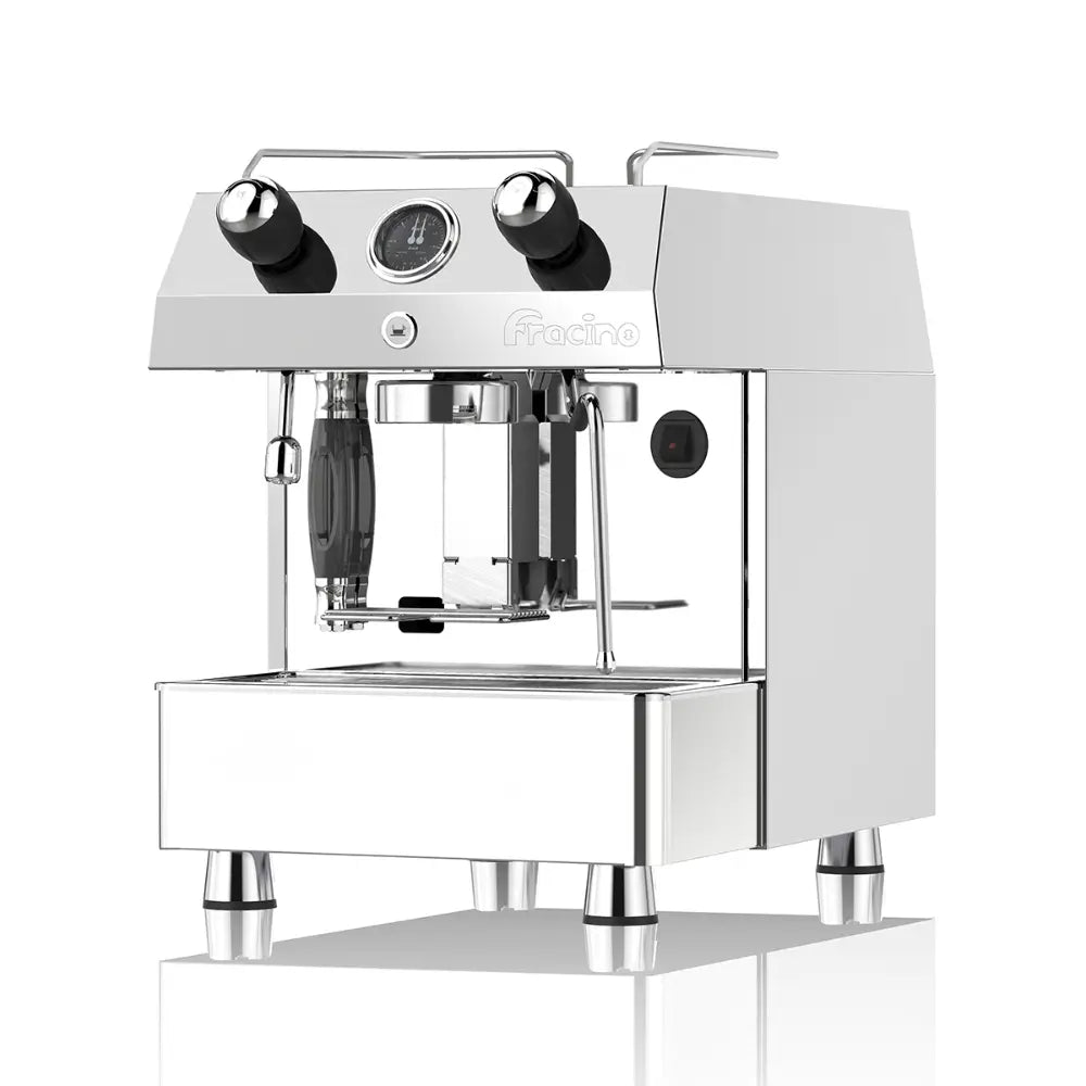 Front view of the Fracino Contempo 1-group semi automatic espresso machine featuring a programmable volumetric keypad and stainless steel finish.