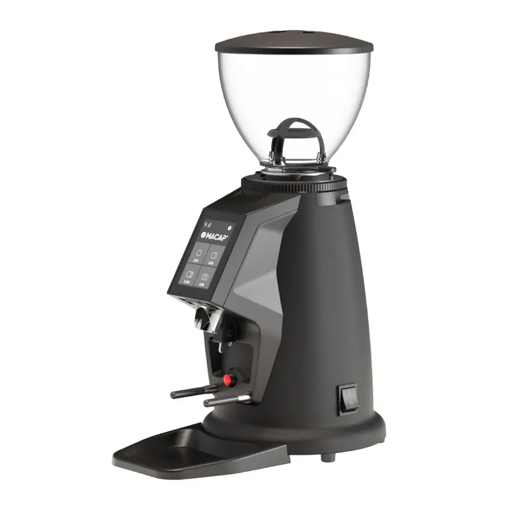 Black Fracino F4 on-demand coffee grinder featuring a digital touch display for programmable dosing.