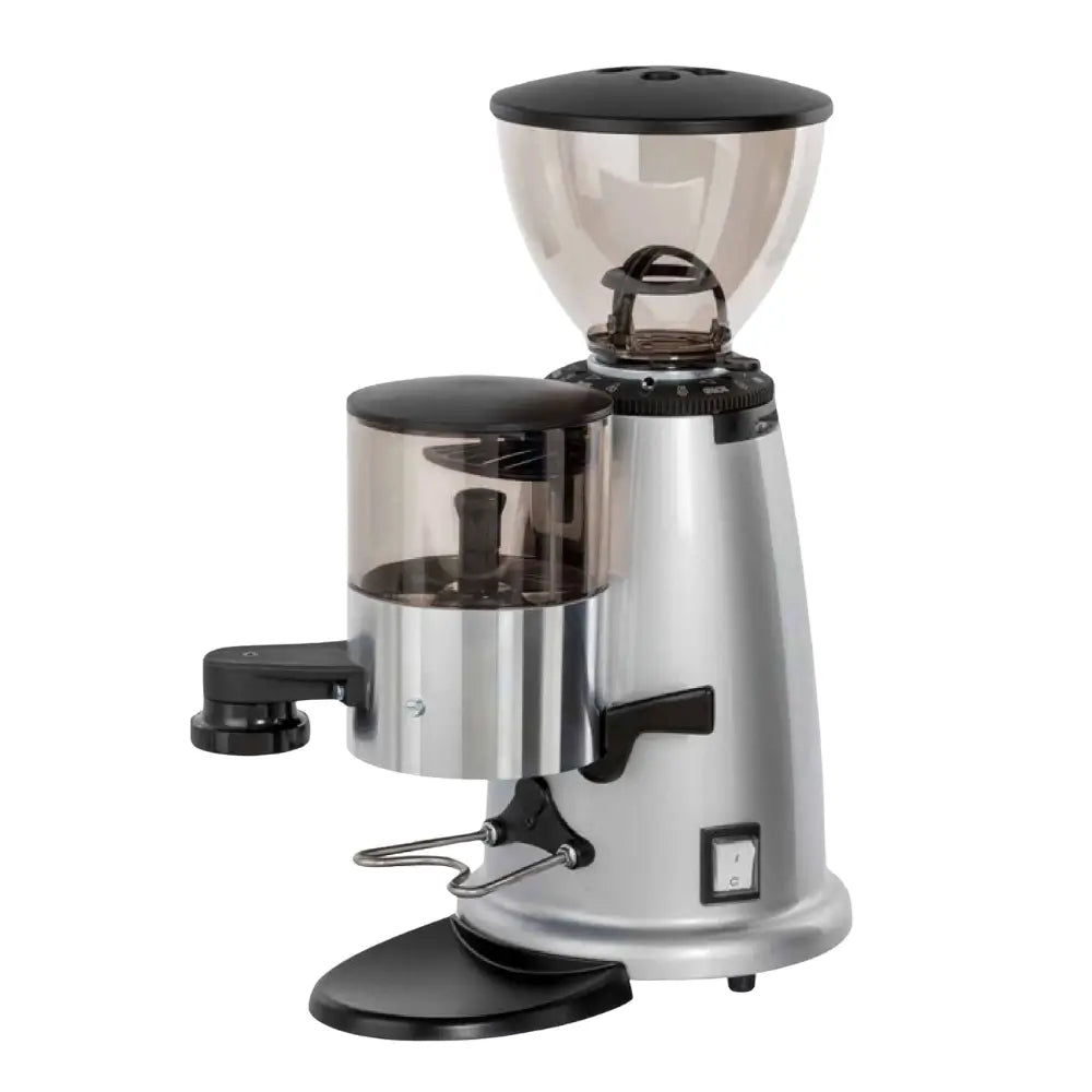 Silver Fracino F4 automatic grinder with a front dosing chamber and manual dispensing lever for traditional workflow.