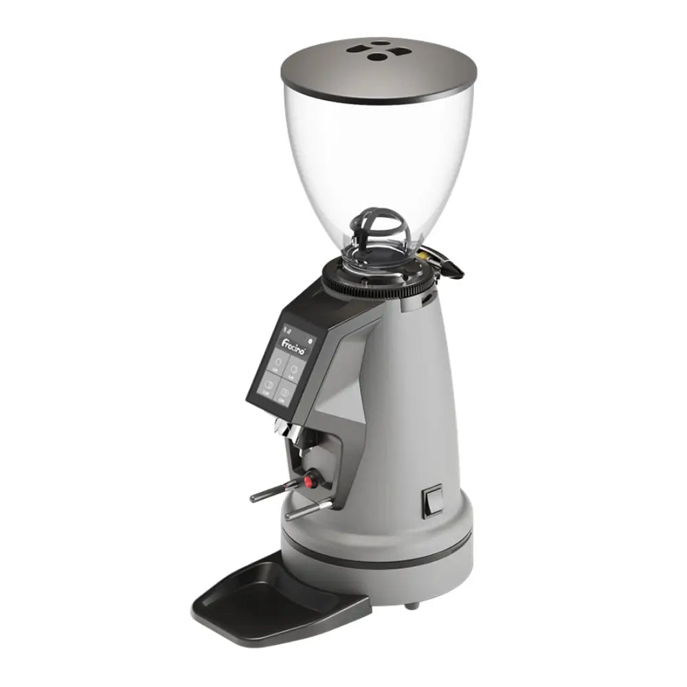 Chrome Fracino F6 automatic commercial grinder with a front dosing chamber and manual dispensing lever.