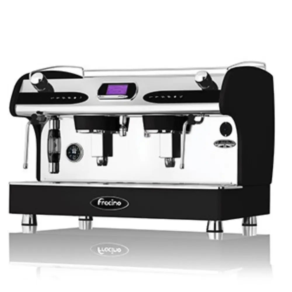 Fracino Romano PID 2-group commercial espresso machine in a sleek black finish with illuminated back panel accents.