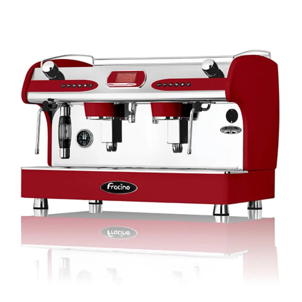 Front view of the striking burgundy Fracino Romano PID 2-group electronic espresso machine featuring a central digital display.
