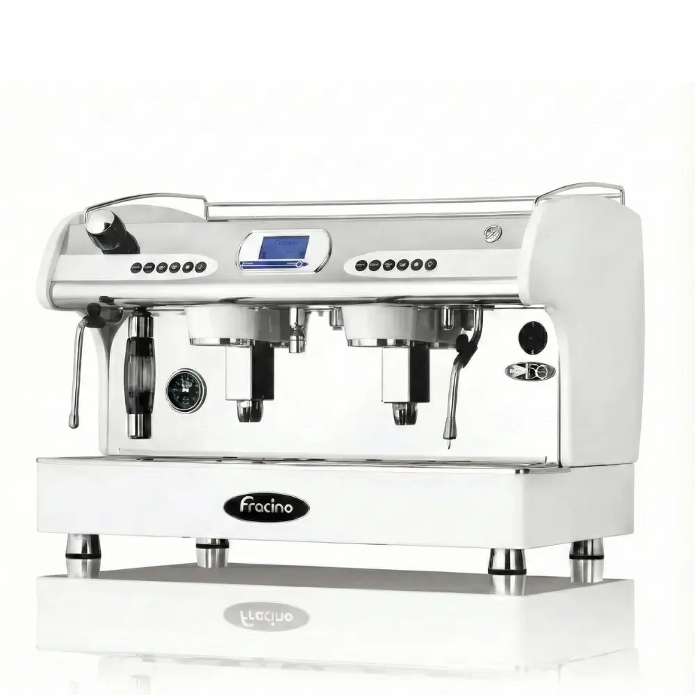 Front view of the polished white Fracino Romano PID 2-group electronic espresso machine featuring a central digital display.