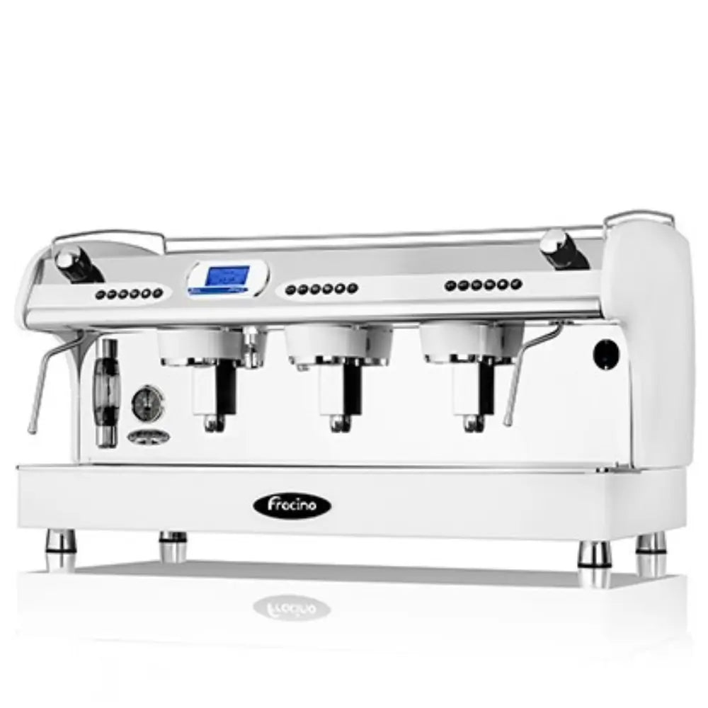 High-capacity Fracino Romano PID 3-group espresso machine in gloss white, suitable for busy modern cafes.