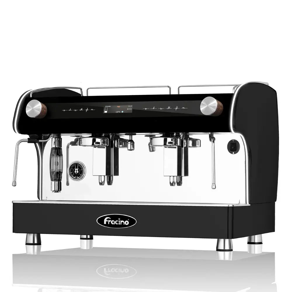 Front view of the Fracino Romano-R 2-group electronic espresso machine featuring a black finish, wooden steam levers, and central digital display.