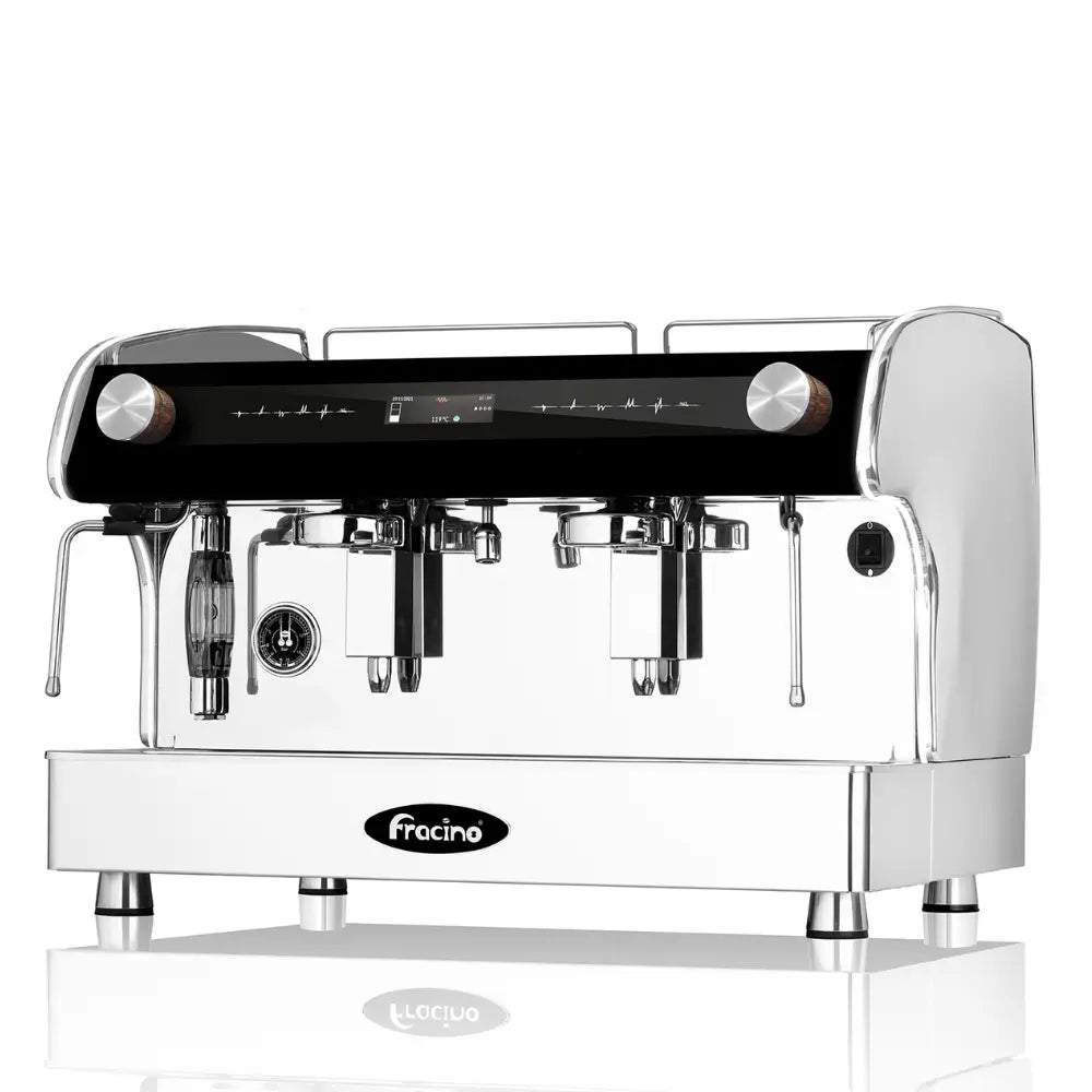 Front view of the Fracino Romano-R 2-group electronic espresso machine featuring a white finish, wooden steam levers, and central digital display.