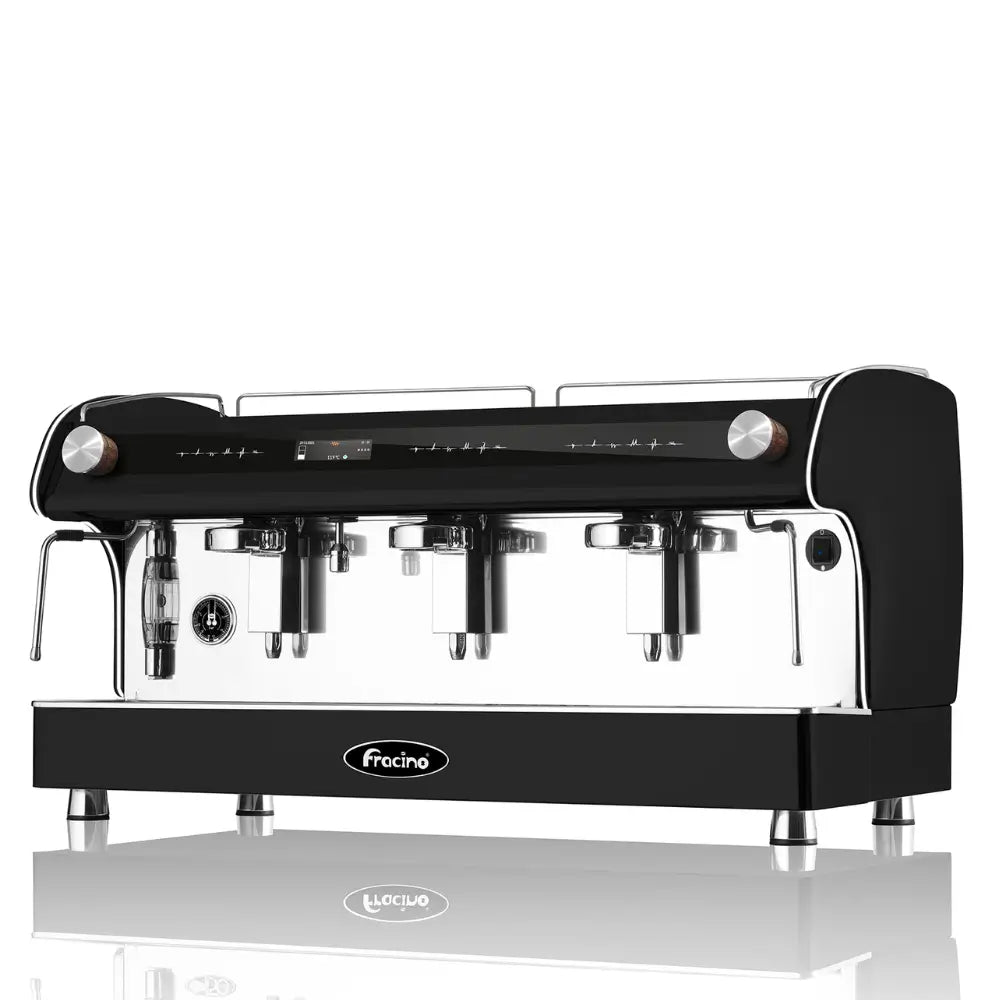Front view of the Fracino Romano-R 3-group electronic espresso machine featuring a black finish, wooden steam levers, and central digital display.
