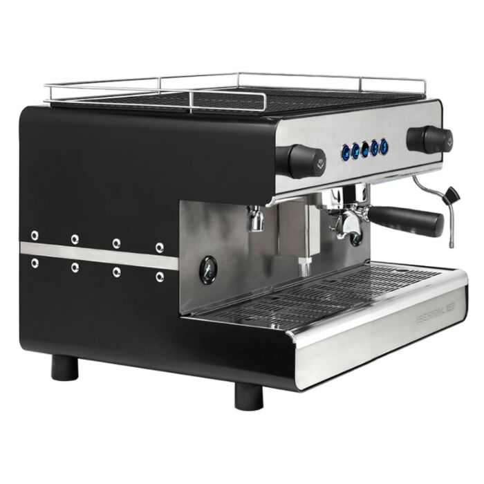 Black and silver espresso machine on a white background