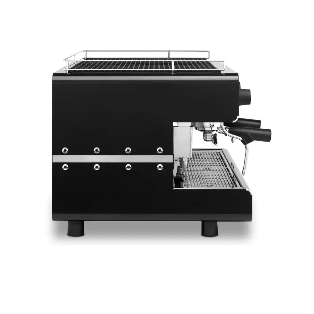 Iberital IB7 Compact 2 Group commercial espresso machine in black, side view.