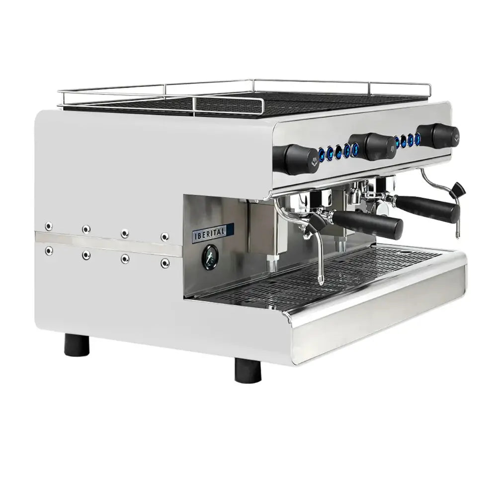 Iberital IB7 Compact 2 Group commercial espresso machine in white, front and side view.