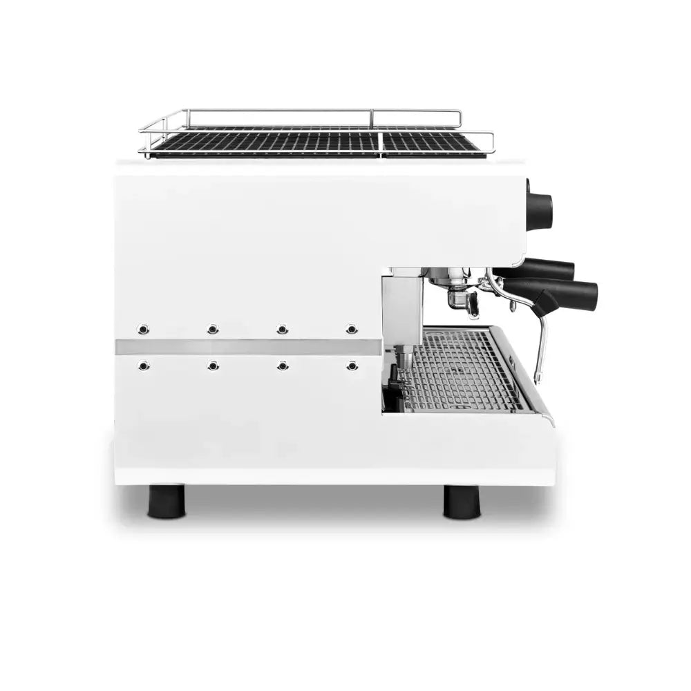 Side view of the white Iberital IB7 2 Group espresso maker, showing drip tray.