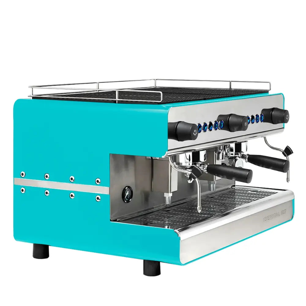 Iberital IB7 Compact 2 Group commercial espresso machine in blue, front and side view.