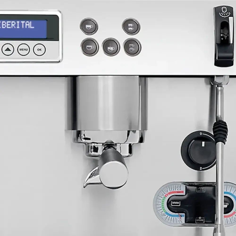Close-up on the Iberital New PID digital display, programmable buttons, and dual pressure gauges for boiler and pump pressure.