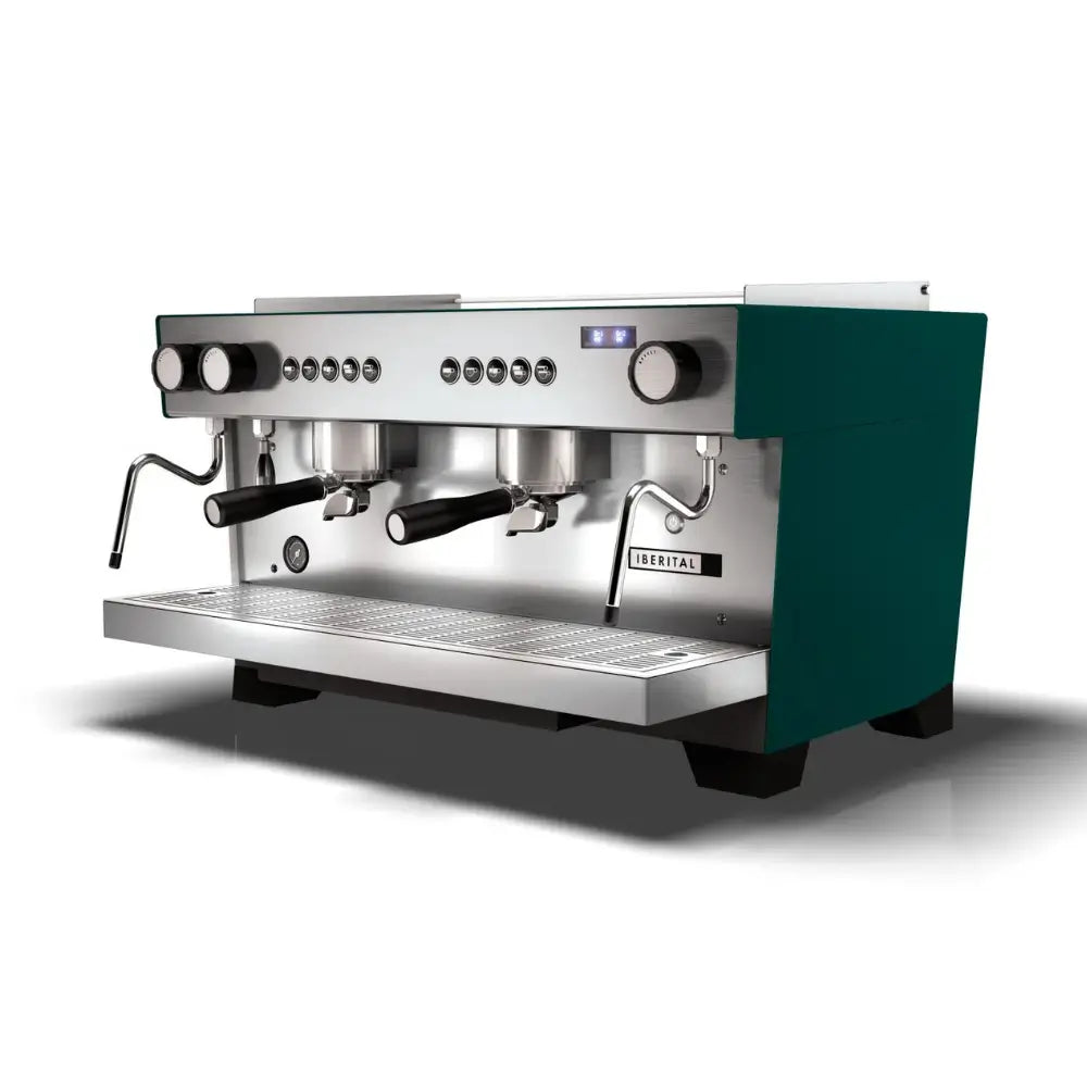 Iberital Referent 2 Group premium commercial espresso machine in green and chrome, front view.