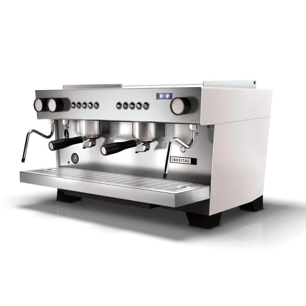 Iberital Referent 2 Group premium commercial espresso machine in white and chrome, front view.