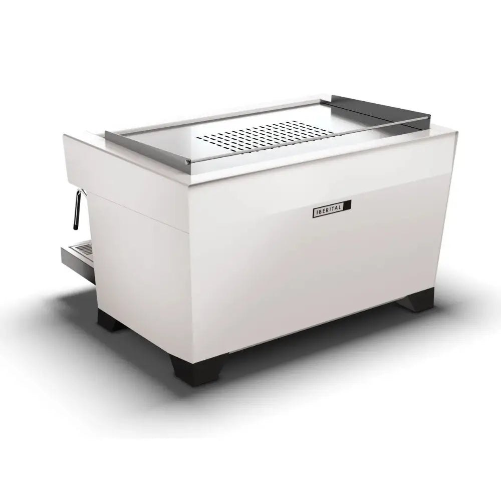 Iberital Referent 2 Group premium commercial espresso machine in white and chrome, rear view.