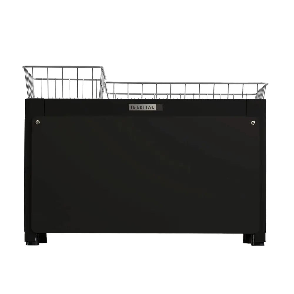 Iberital Tandem 2 Group tall commercial espresso machine in black and chrome with cup warming baskets.