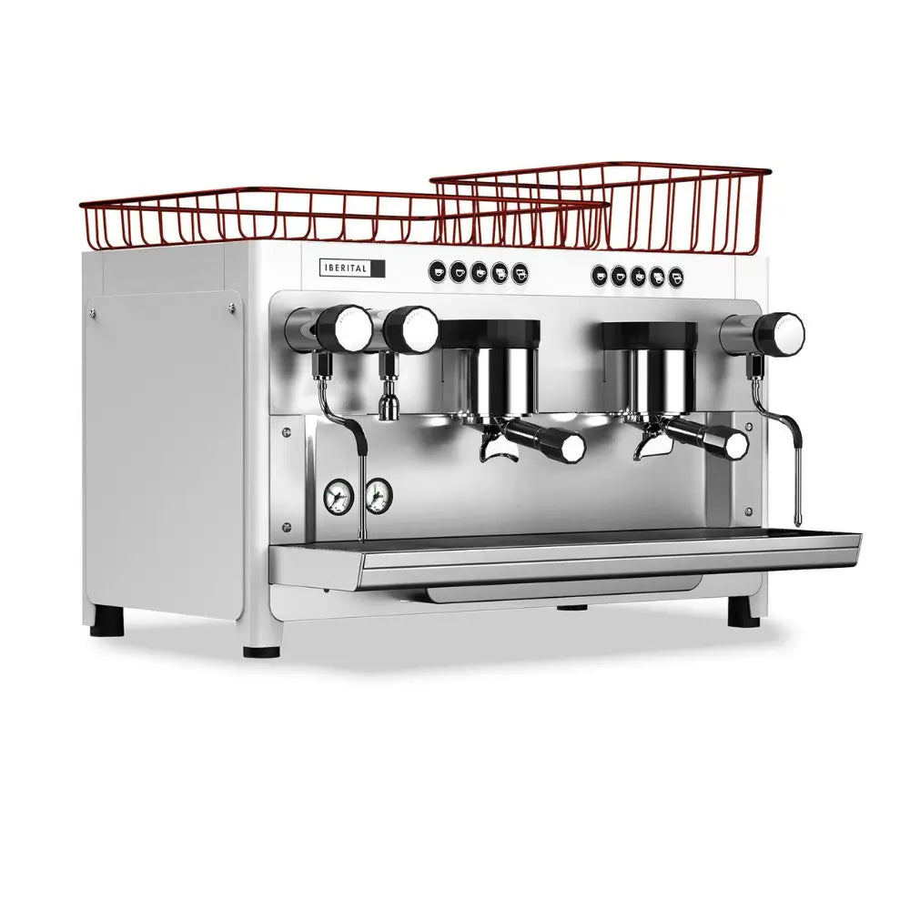 Iberital Tandem 2 Group commercial espresso machine in white and chrome with cup warming baskets.