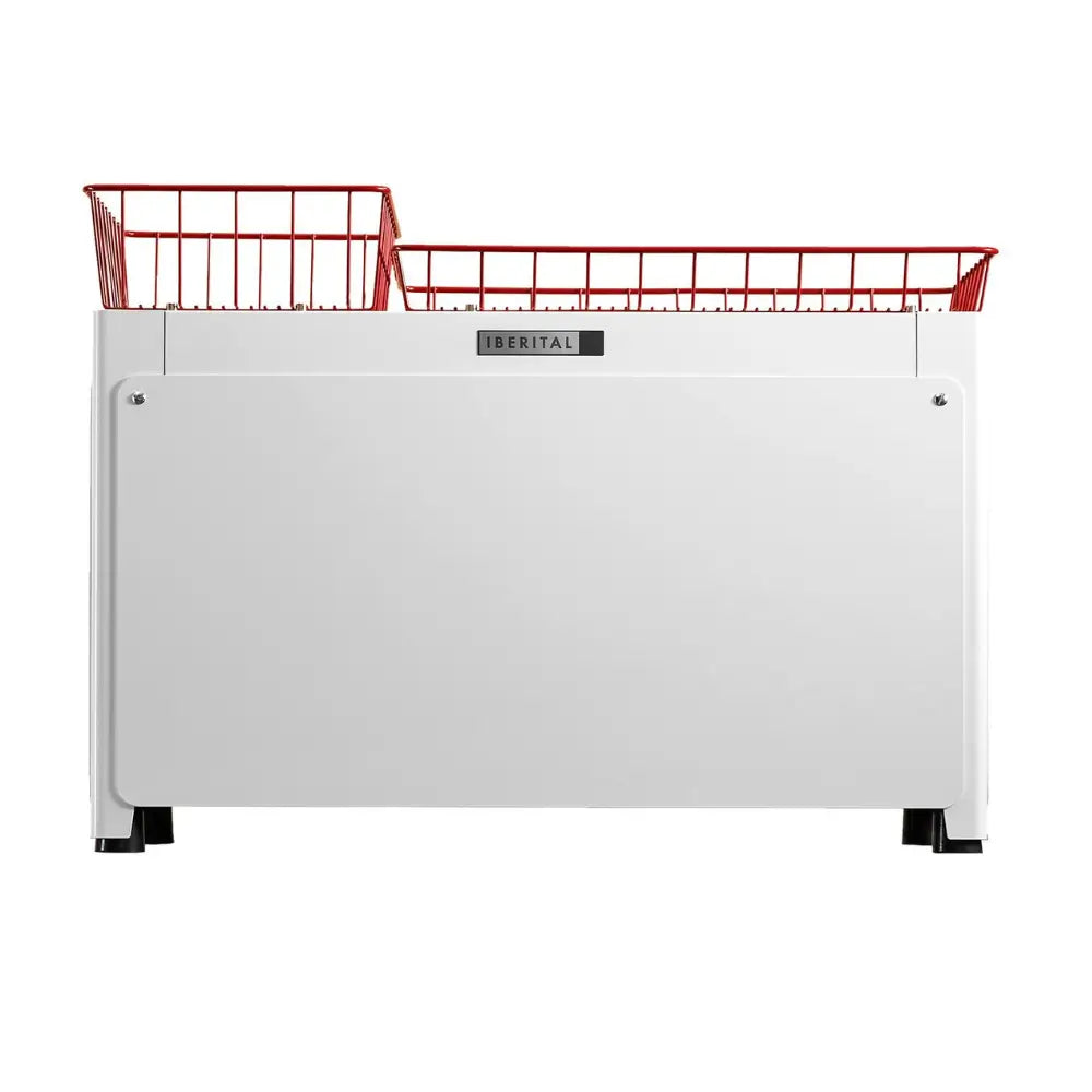 Iberital Tandem 2 Group tall commercial espresso machine in white and chrome with cup warming baskets.