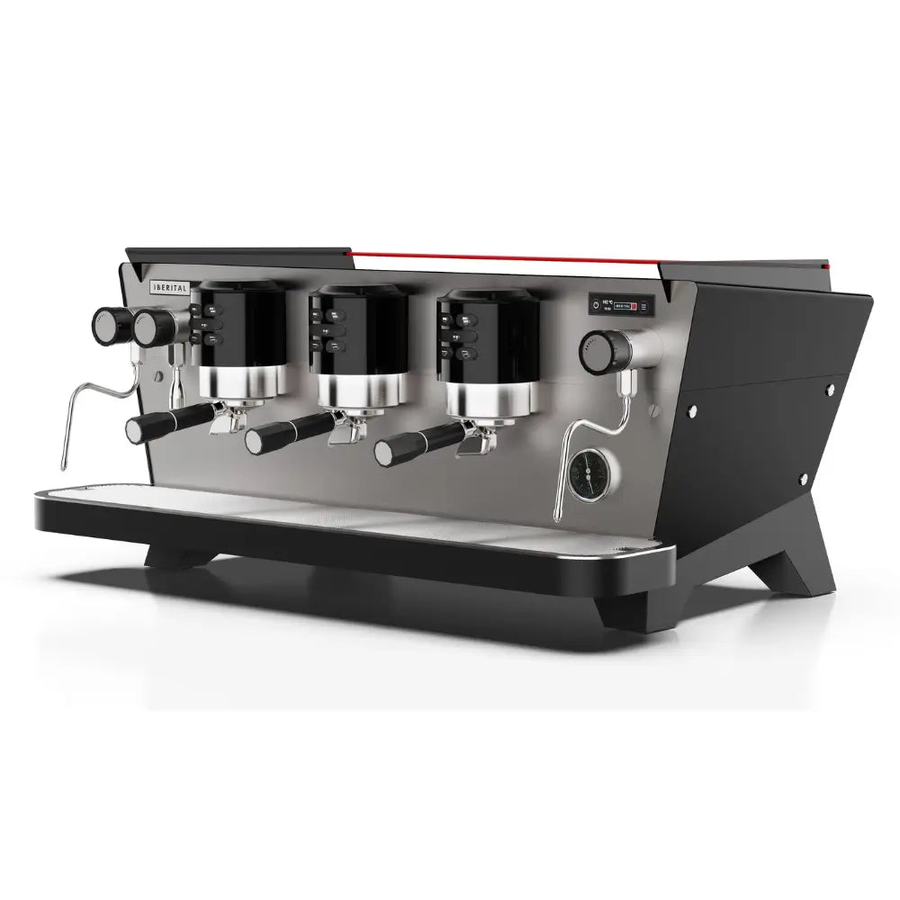Front view of the black and chrome Iberital Vista 3 Group professional espresso machine with digital controls.