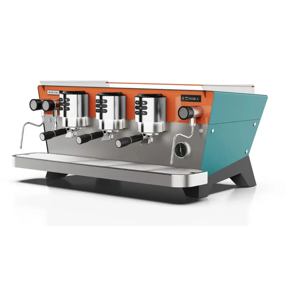 Front view of the coloured Iberital Vista 3 Group professional espresso machine with digital controls.
