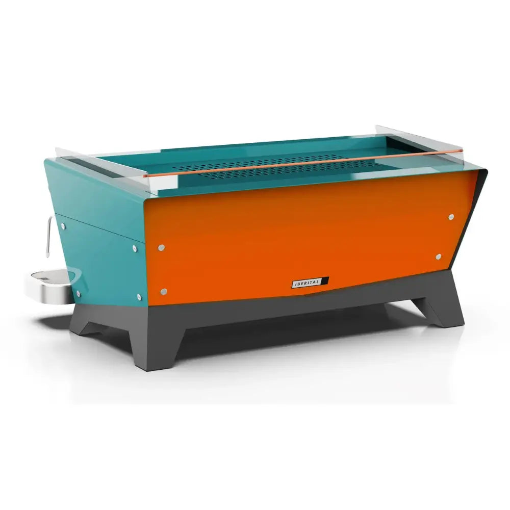 Rear view of the Iberital Vista commercial espresso machine, highlighting the unique angled design and cup warmer.