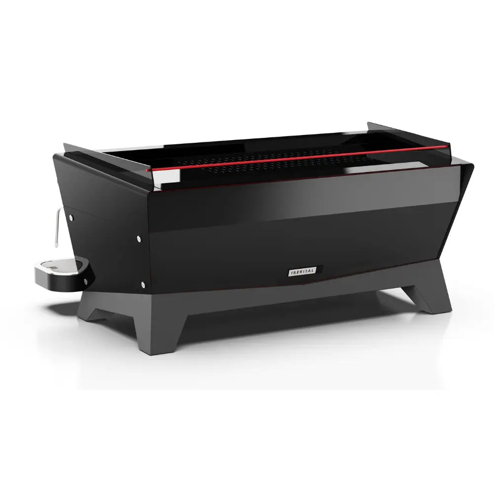 Rear view of the Iberital Vista commercial espresso machine in black, highlighting the unique angled design and cup warmer.