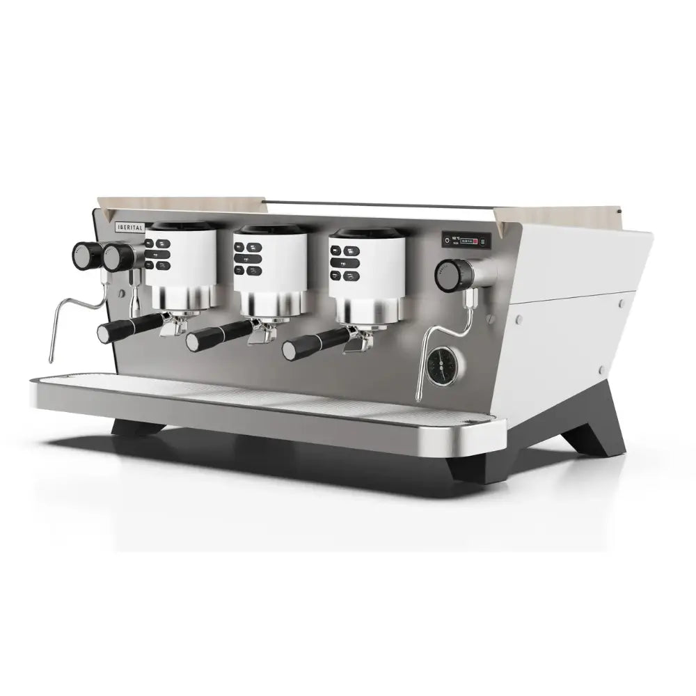 Front view of the white Iberital Vista 3 Group professional espresso machine with digital controls.