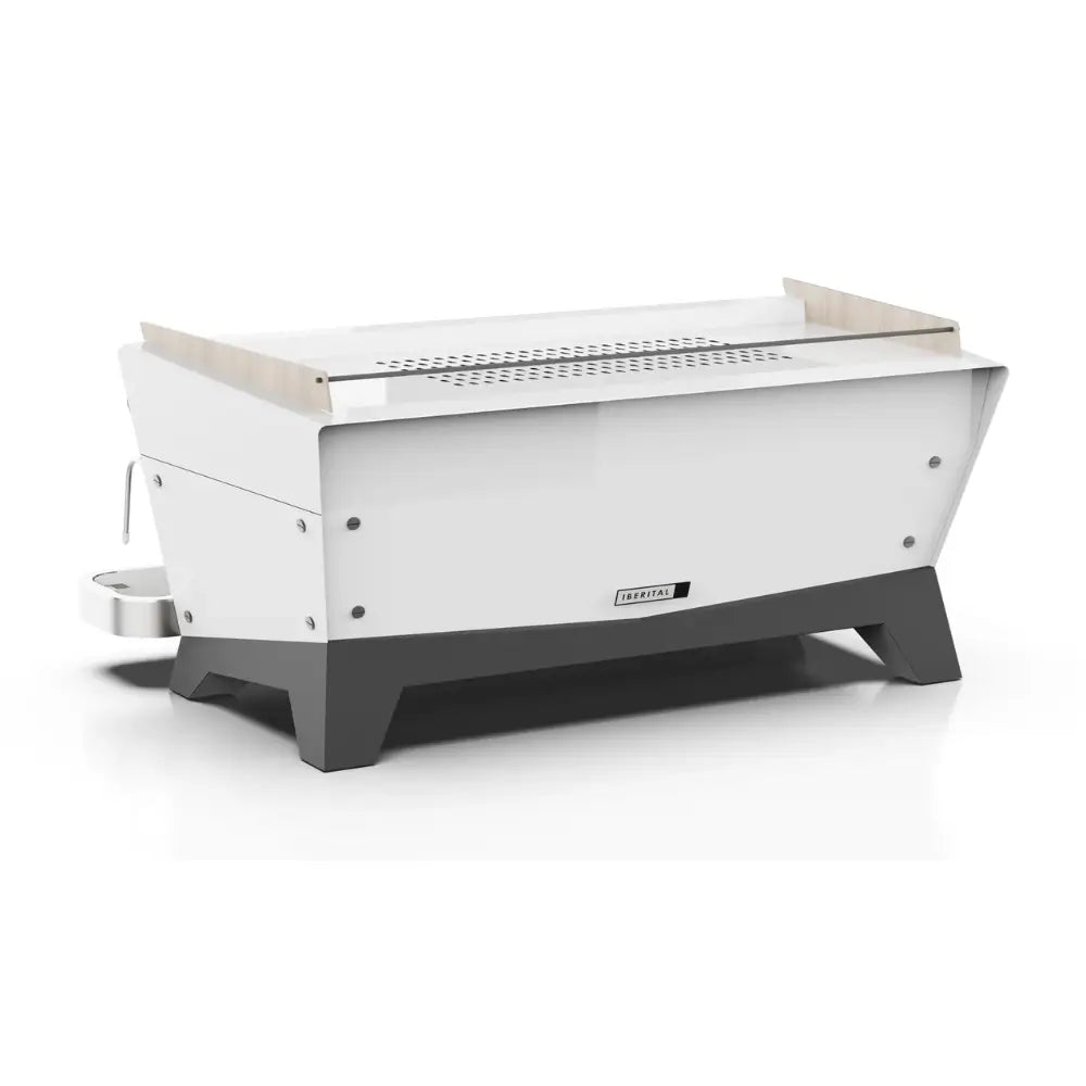 Rear view of the Iberital Vista commercial espresso machine in white, highlighting the unique angled design and cup warmer.