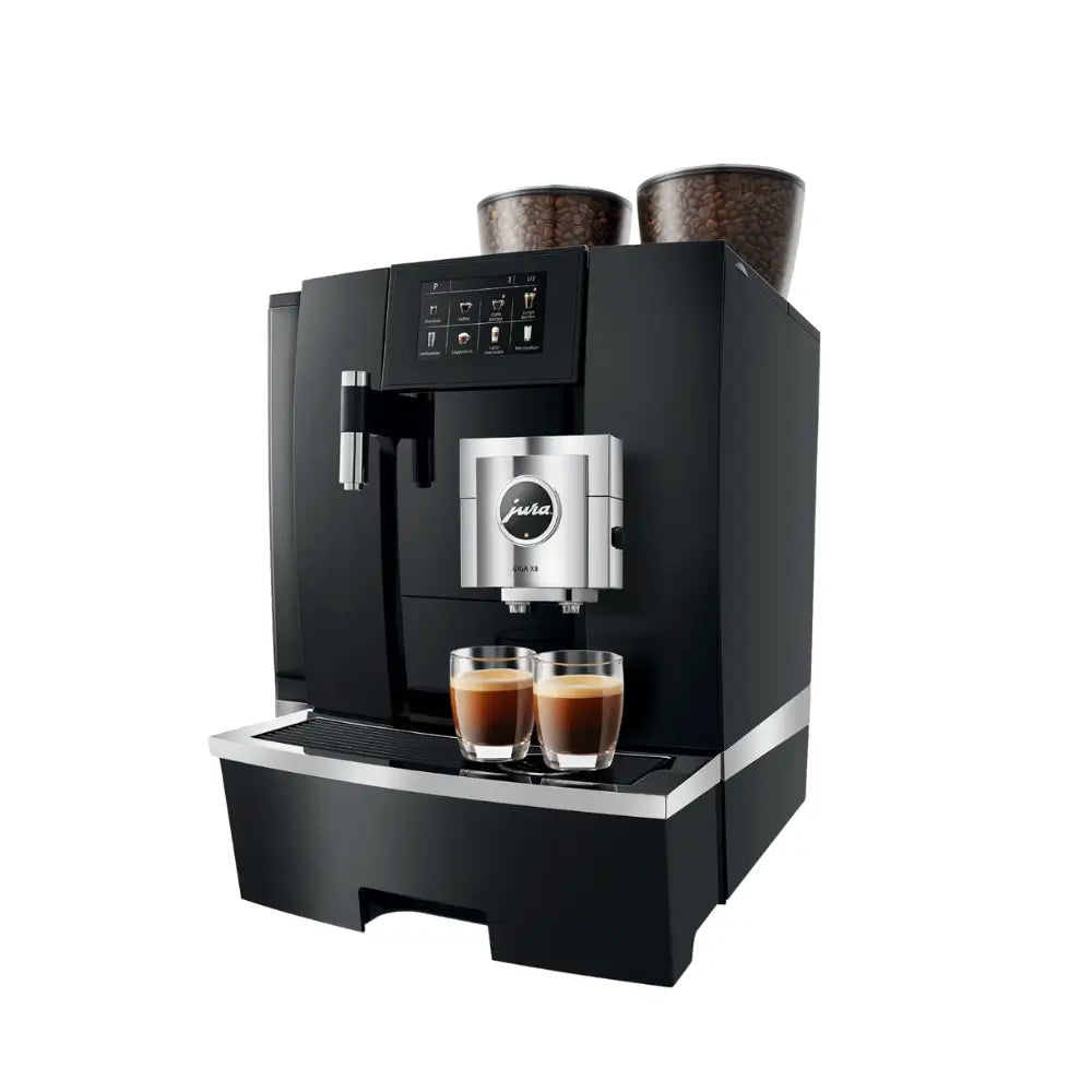 Angled front view of Jura Giga X8 automatic coffee machine in black finish