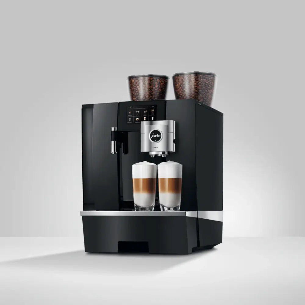 Angled front view of Jura Giga X8 automatic coffee machine in black