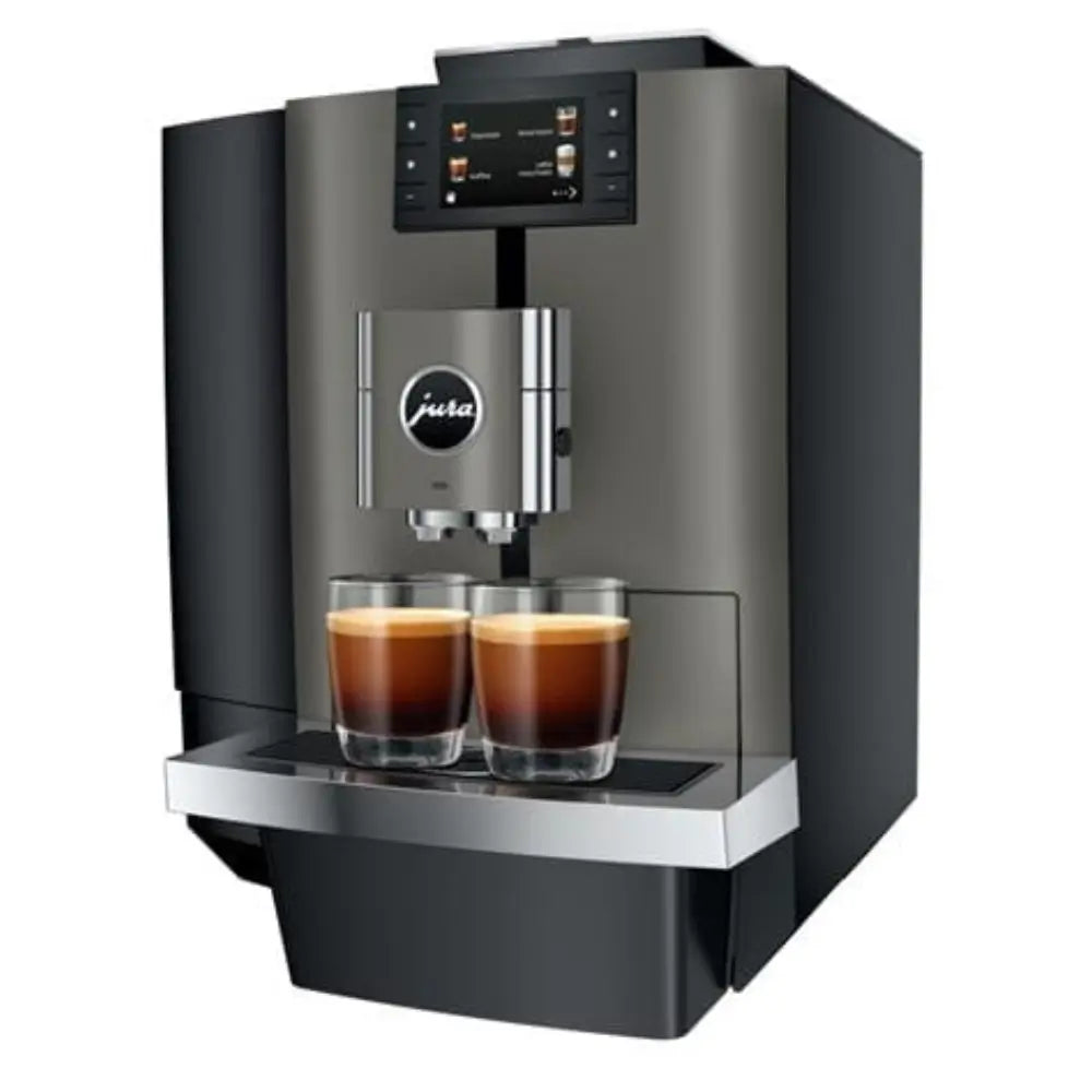 Jura X10c bean-to-cup coffee machine front view brewing two espressos.