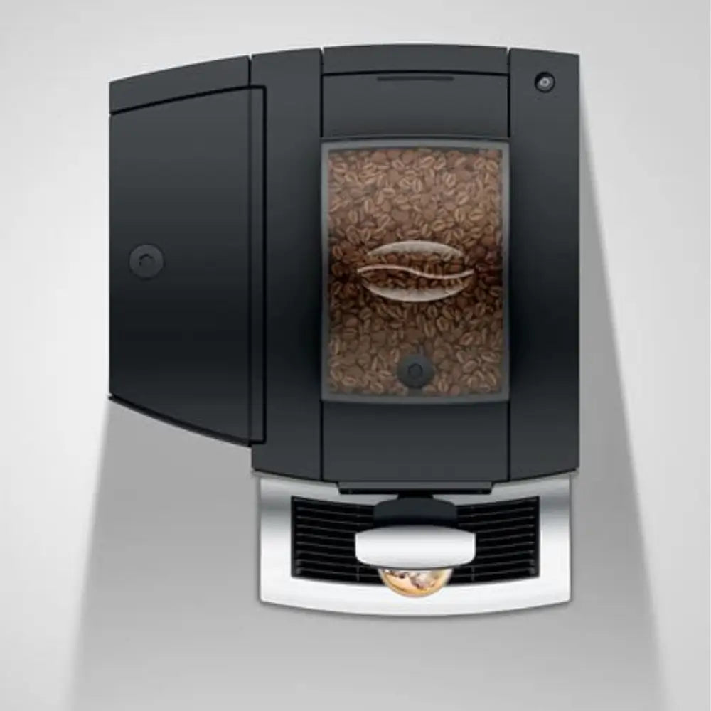 Top view of Jura X10c coffee machine with full coffee bean hopper.