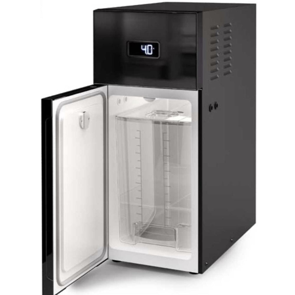 Black milk fridge cooler with open door on a white background.