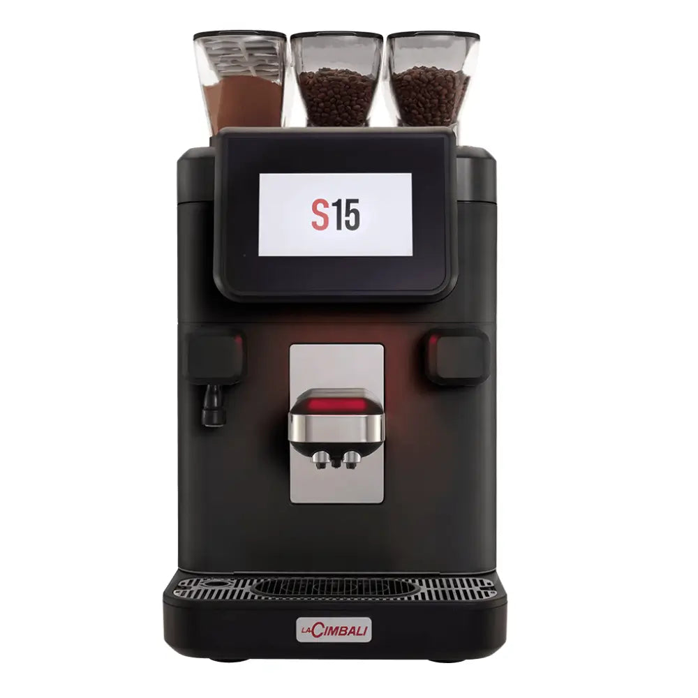 Front view of the La Cimbali S15 fully automatic coffee machine featuring a touchscreen and three ingredient hoppers for coffee and soluble powder.
