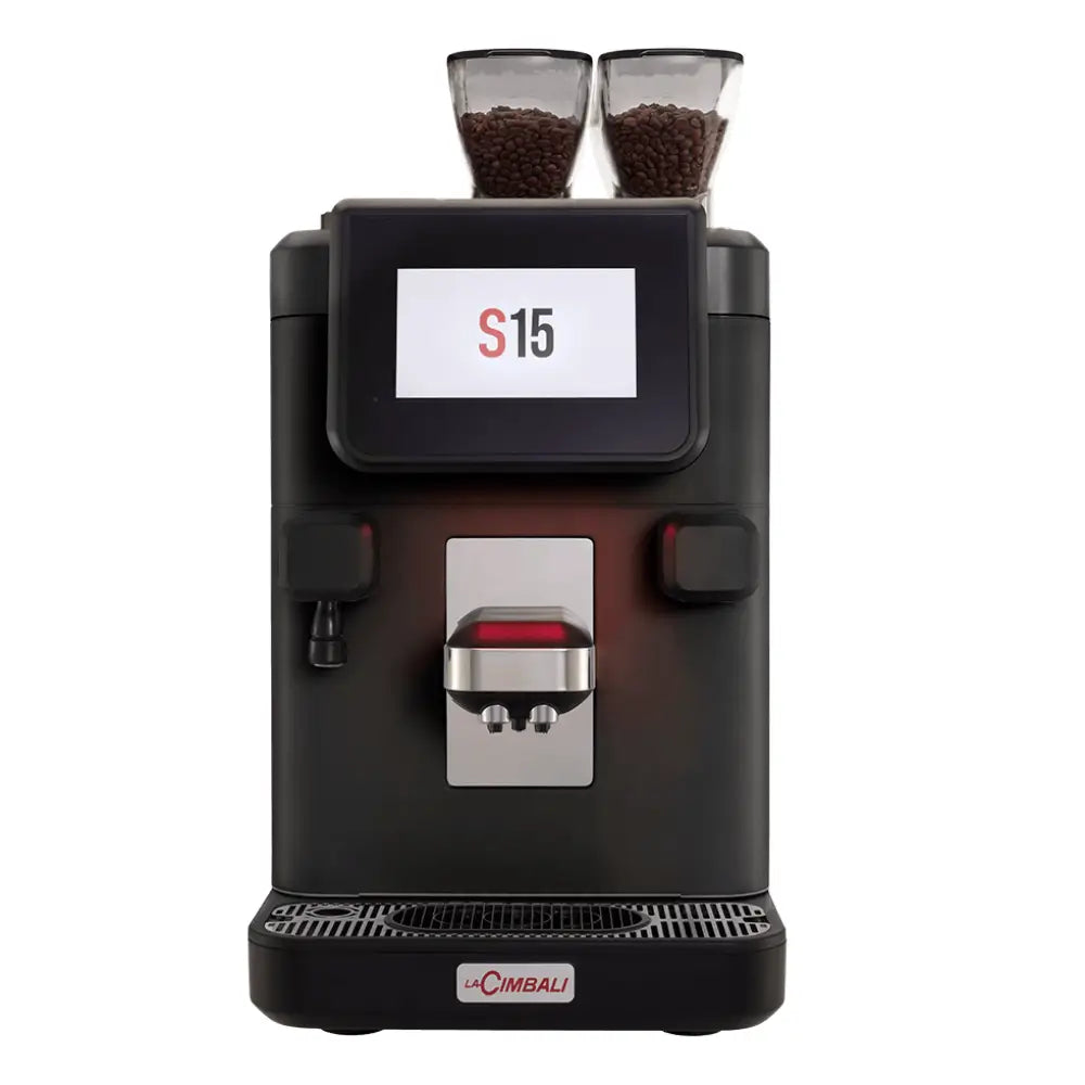 Front view of the La Cimbali S15 fully automatic coffee machine featuring a touchscreen and two ingredient hoppers for coffee and soluble powder.